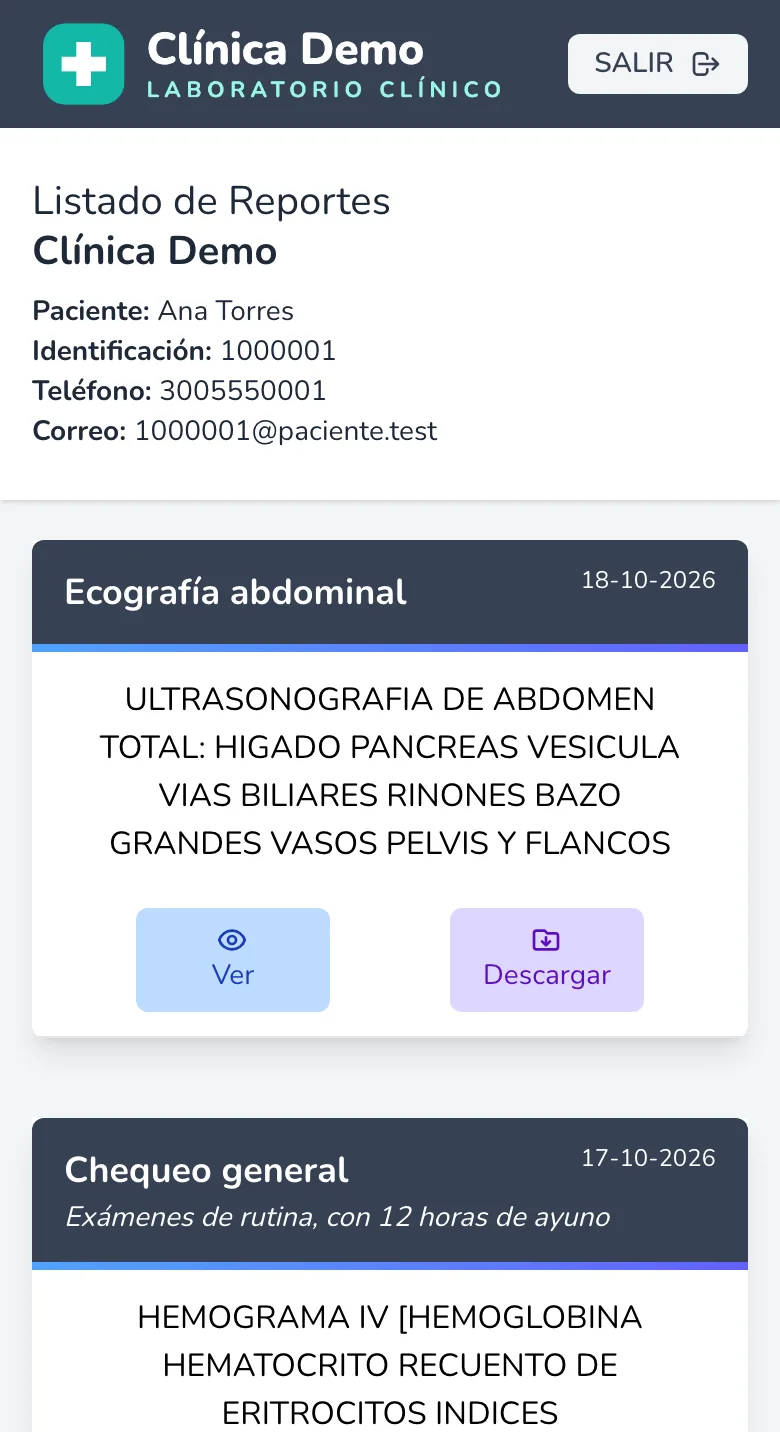 Portal del paciente en el celular con sus resultados listos para ver y descargar