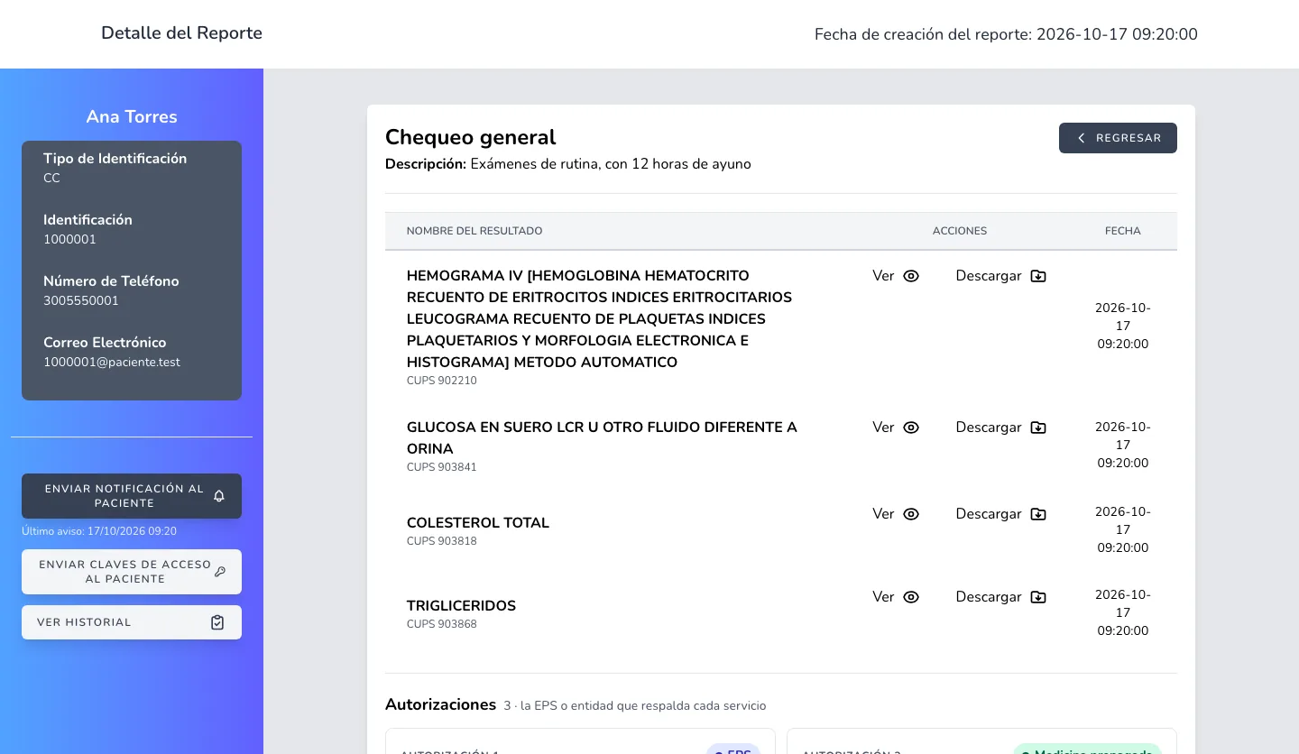 Ficha de un reporte en CIRE con exámenes, códigos CUPS y autorizaciones de EPS