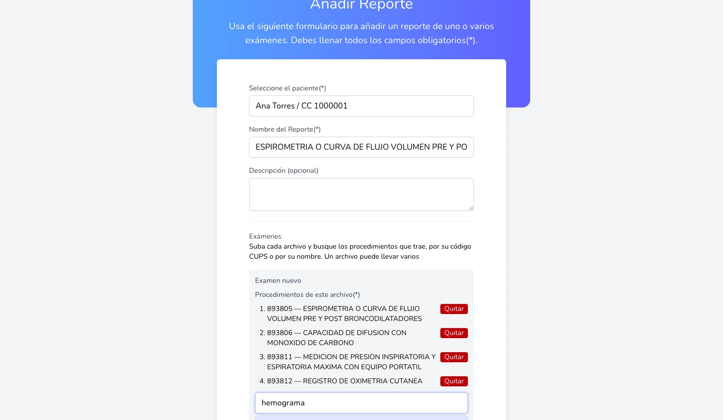 Formulario para añadir un reporte con cuatro procedimientos CUPS en un solo archivo